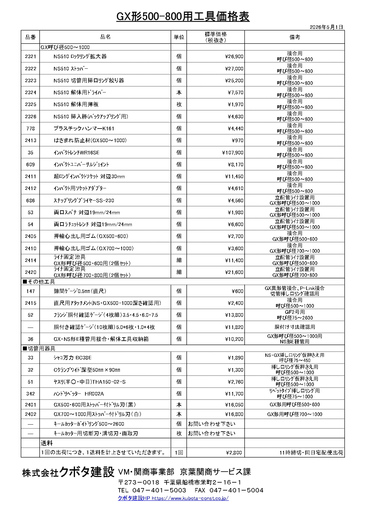 GX形ダクタイル鉄管500～800用工具